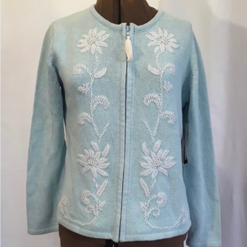 Studio Joy Beaded Cardigan Tassel Zipper Small Winter Floral